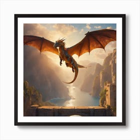 Dragon Flying Over A Bridge Art Print