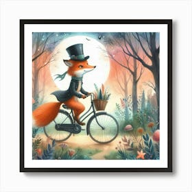 Fox Wearing A Top Hat Riding A Bicycle Through A Magical Forest (4) Art Print