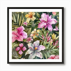 Watercolor Tropical Flowers Seamless Pattern Art Print