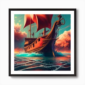 A Ship With Scarlet Or Red Sails In A Magical Art Print