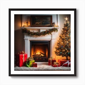 Christmas Tree In Front Of Fireplace 11 Art Print