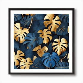 Golden and blue leaves of Monstera 1 Art Print