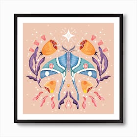 Night Blue Moth On Floral Background And Decoration Square Art Print