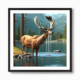 Deer In The Water Art Print