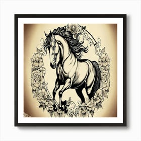 Horse With Roses Art Print