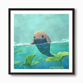 Baby Manatee Taking A Swim Tiny World Environmental Art print 2 Art Print