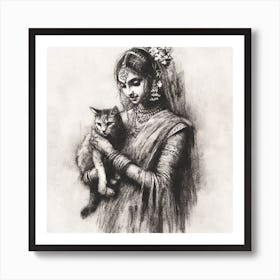 Indian Woman With Cat Art Print