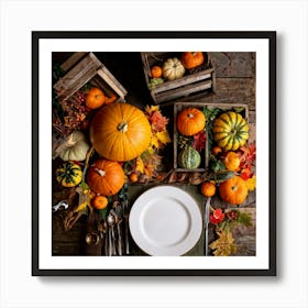 An Autumnal Photography Arrangement Depicting A Vibrant Orange Gourd Amidst A Thanksgiving Meal Sett (4) Art Print