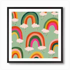 Rainbows And Raindrops Green Square Art Print