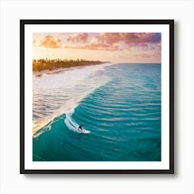 Aerial Photography Capturing A Surfer Amidst Azure Waves Tropical Beach In The Background Palm Tre (5) Art Print