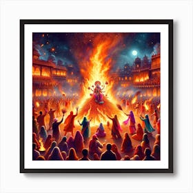 An Image Vividly Illustrating The Traditional Celebration Of Holika Dahan, A Significant Ritual During The Hindu Festival Of Holi Art Print