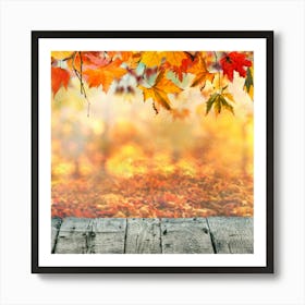 Autumn Leaves On Wooden Background Premium Photo Art Print