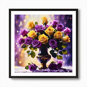 Royal Purple and Yellow Roses in Ornate Urn Vase Poster