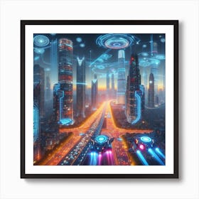 A futuristic cityscape with flying cars1 Art Print