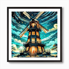 Windmill Starry Night Art Print