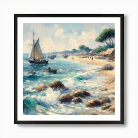 Sailing Ships On The Beach, Acrylic Painting Style Art Print