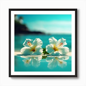 A Turquoise Blue Sea with White Hibiscus Flowers Art Print