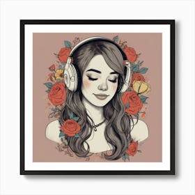Girl With Headphones And Roses Art Print