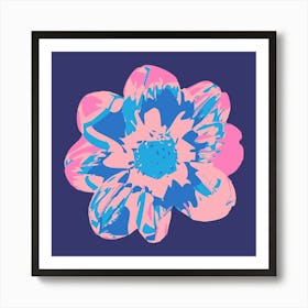 COSMIC COSMOS Single Abstract Floral Summer Bright Flower in Pale Pink Royal Blue on Dark Blue Art Print
