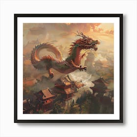 Dragon Flying Over Chinese City Art Print