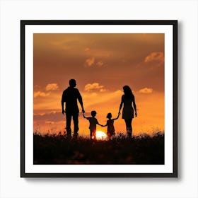 Silhouette Of Family At Sunset Art Print