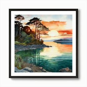 Watercolour Landscape Lake Taupo Art Print