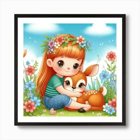 Little Girl With A Deer 1 Art Print