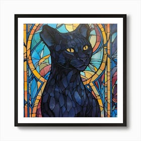 Close Up Stained Glass Window With Cat Generative Ai Art Print