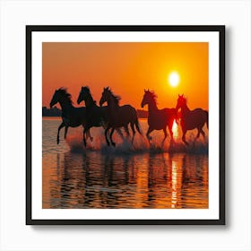 Horses gallop on the beach. Horses Running At Sunset. Art Print