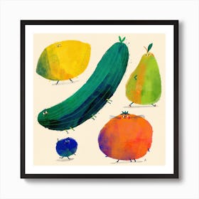 Colourful Walking Fruit With Cucumber Art Print