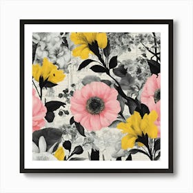 Flowers In Black, Pink And Yellow Art Print