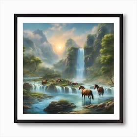 Horses By The Waterfall Art Print