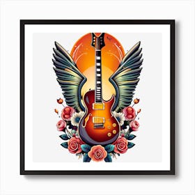 Guitar With Wings And Roses Art Print