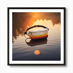 A Colorful Fanny Pack With Yellow, Red, And Blue Stripes Floats On The Surface Of A Calm Lake At Sunset, Reflecting The Sky And Trees Art Print