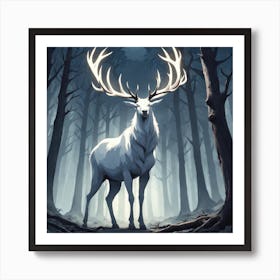 A White Stag In A Fog Forest In Minimalist Style Square Composition 68 Art Print