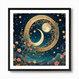 Moon And Flowers 1 Art Print