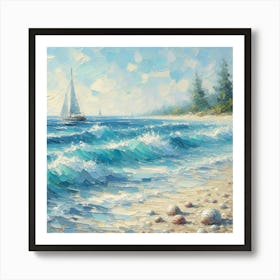 Sailing Boat On The Beach, Acrylic Painting Style 2 Art Print