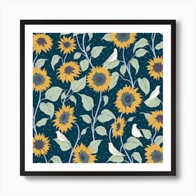 Skylarks in Sunflower Field on Prussian Blue Art Print