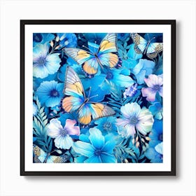 Blue Flowers And Butterflies 3 Art Print