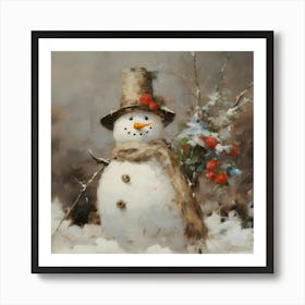 Snowman With Flowers Art Print