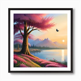 Butiful cherry tree next to a lake Art Print