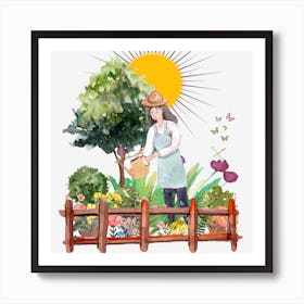 Woman Watering Garden Art Print