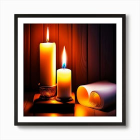 Candles on a table with a book in the background, Candlelit Candles On a Wooden Table Art Print