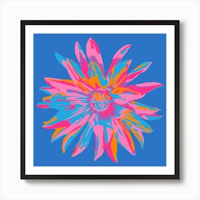 DAHLIA BURSTS Single Abstract Blooming Floral Summer Bright Flower in Fuchsia Pink Purple Blue Orange on Royal Blue Art Print