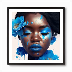 Black Woman With Blue Flowers Art Print