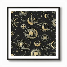 Asian Seamless Pattern With Clouds Moon Sun Stars Vector Collection Oriental Chinese Japanese Korean Art Print