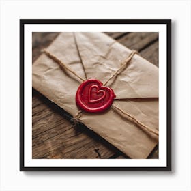 A vintage envelope secured with a red wax seal in the shape of a heart lies on a rustic wooden table Art Print