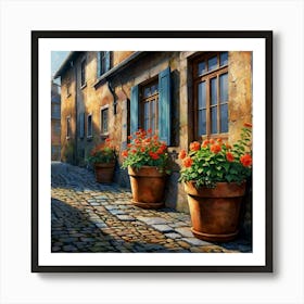 Default Old Cobblestone Street Flower Pots Are Outside The Win 3 Art Print