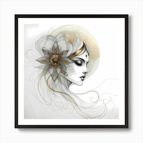 Beauty With Flower In Light Gold Creative Drawing Art Print