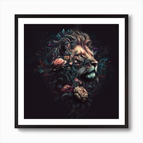 Lion With Flowers, Ethereal Garden Art Print